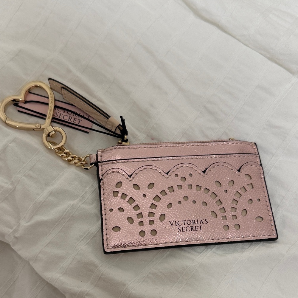 Victoria's Secret Metallic Pink Card Holder with Gold Heart Keyring